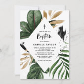 Tropische Blätter Imitate Gold Foil Rahmen Taufe Einladung (Vorderseite)