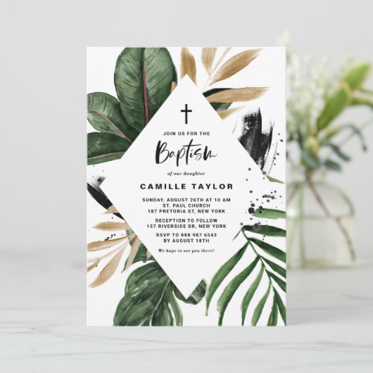 Tropische Blätter Imitate Gold Foil Rahmen Taufe Einladung (Stehend Vorderseite)