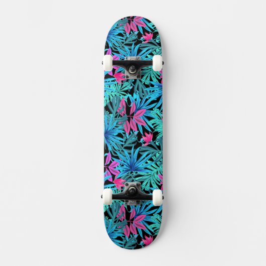 Tropische Blätter in Blau und Rosa Skateboard (Vorderseite)