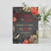 Tropische Blätter in Schwarz und Gold auf dunklem  Save The Date (Stehend Vorderseite)
