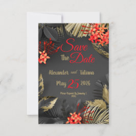 Tropische Blätter in Schwarz und Gold auf dunklem  Save The Date