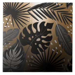 Tropische Blätter in Schwarz und Golden Fliese