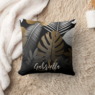 Tropische Blätter in Schwarz und Golden Kissen