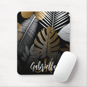 Tropische Blätter in Schwarz und Golden Mousepad