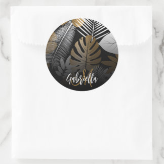 Tropische Blätter in Schwarz und Golden Runder Aufkleber