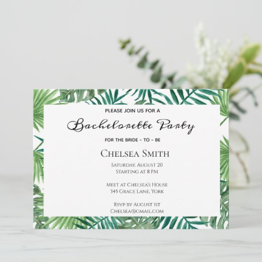 Tropische Blätter Junggeselinnen-Abschied Einladun Einladung (Stehend Vorderseite)