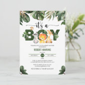 Tropische Blätter Jungle Safari Animals Kinderdusc Einladung (Stehend Vorderseite)