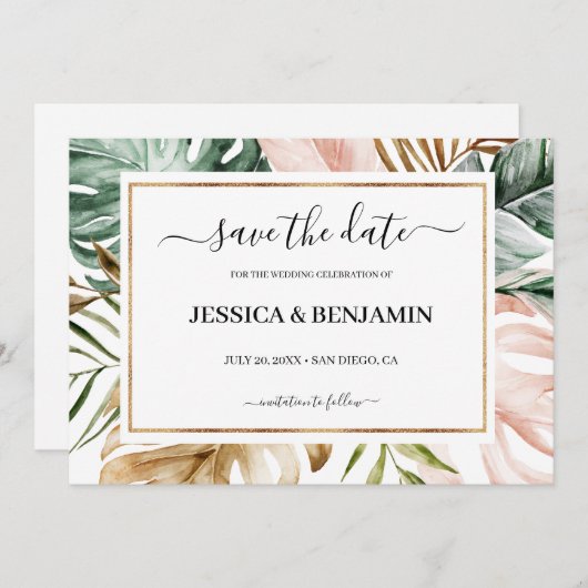 Tropische Blätter Kalligrafie Hochzeit speichern d Save The Date (Vorne/Hinten)