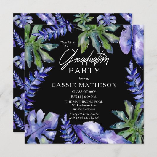 Tropische Blätter Lila | Grüne Graduierungspartei Einladung (Vorne/Hinten)