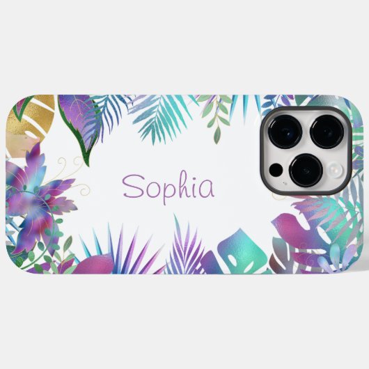Tropische Blätter, Lila Name, weiß Case-Mate iPhone Hülle (Rückseite (Horizontal))