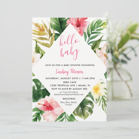 Tropische Blätter Luau Baby Shower Einladungskarte Einladung (Stehend Vorderseite)