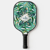 Tropische Blätter mit Gold Glitzer Beach Monogram Pickleball Schläger (Vorderseite)