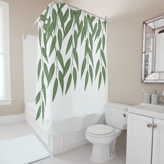 Tropische Blätter mit grünem, naturweißem Blattwer Duschvorhang (Beispiel)