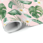 Tropische Blätter mit grüner Wasserfarbe Weiße Blu Geschenkpapier (Rolleneckpunkt)