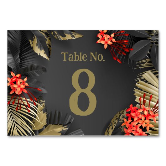 Tropische Blätter mit Schwarz und Gold Tischnummer (Vorderseite)