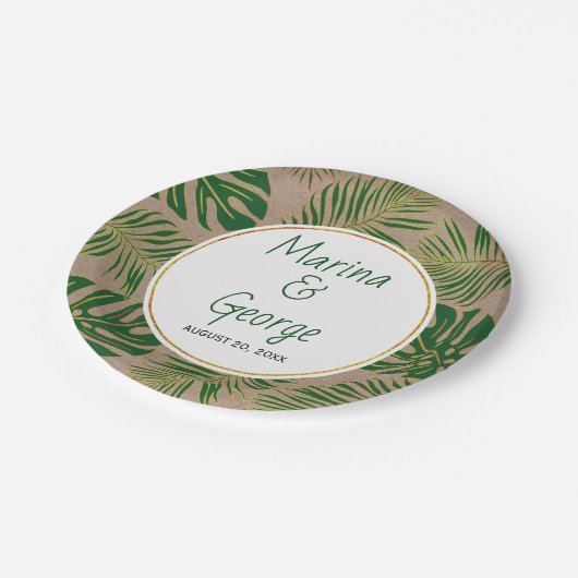 Tropische Blätter Moderne Grün, Gold rustikale Hoc Pappteller (Schrägansicht)