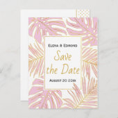 Tropische Blätter Moderne rosa Hochzeit Retten Sie Ankündigungspostkarte (Vorne/Hinten)