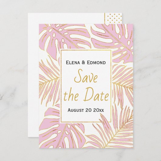 Tropische Blätter Moderne rosa Hochzeit Retten Sie Ankündigungspostkarte (Vorne/Hinten)