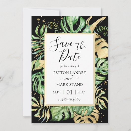 Tropische Blätter Moderne Schwarz-Gold-Rahmen Save The Date (Vorderseite)