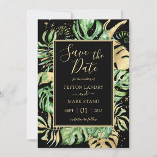 Tropische Blätter Moderne Schwarz-Gold-Rahmen Save The Date