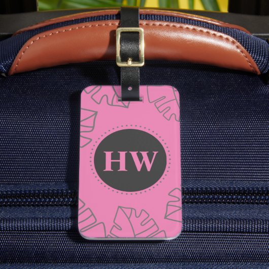 Tropische Blätter Muster Pink & Gray Monogramm Gepäckanhänger (Vorderseite Insitu 2)