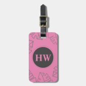 Tropische Blätter Muster Pink & Gray Monogramm Gepäckanhänger (Vorderseite vertikal)
