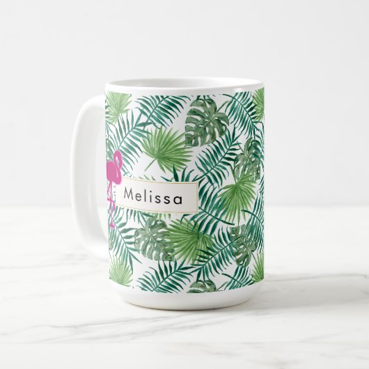 Tropische Blätter Muster und rosa Flamingo Custom Kaffeetasse (Vorderseite Links)