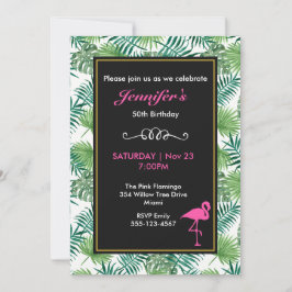 Tropische Blätter Muster und rosa Flamingo Geburts Einladung