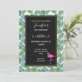 Tropische Blätter Muster und rosa Flamingo Geburts Einladung (Stehend Vorderseite)