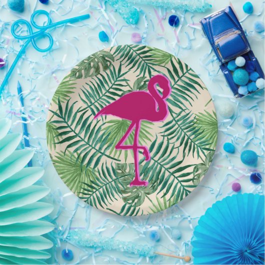 Tropische Blätter Muster und rosa Flamingo Pappteller (Party)