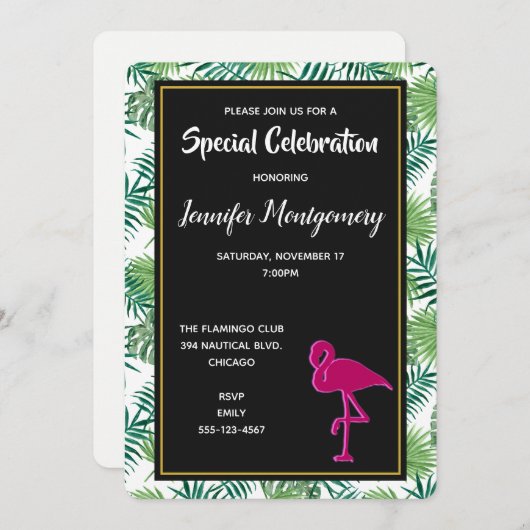 Tropische Blätter Muster und rosa Flamingo Party Einladung (Vorne/Hinten)