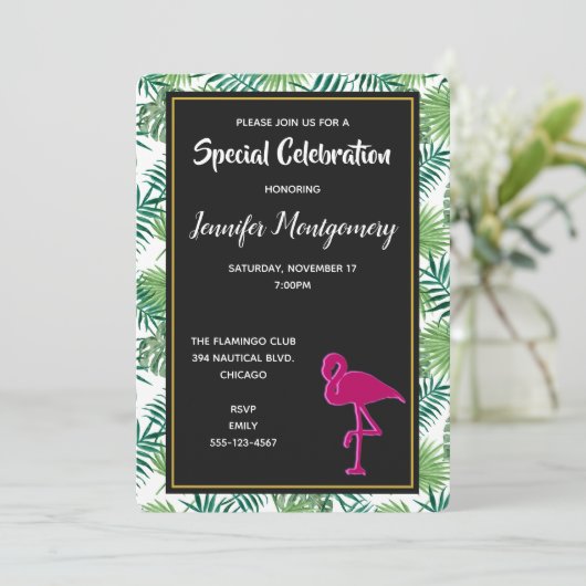 Tropische Blätter Muster und rosa Flamingo Party Einladung (Stehend Vorderseite)