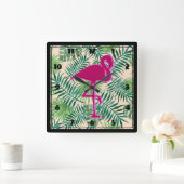 Tropische Blätter Muster und rosa Flamingo Quadratische Wanduhr (Zuhause)