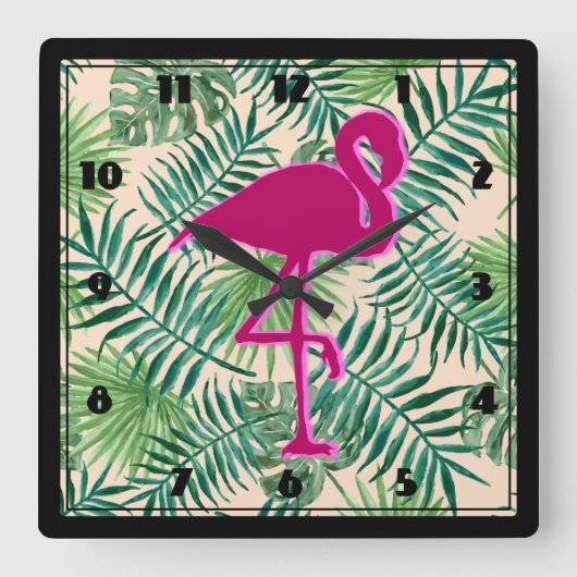 Tropische Blätter Muster und rosa Flamingo Quadratische Wanduhr (Vorderseite)