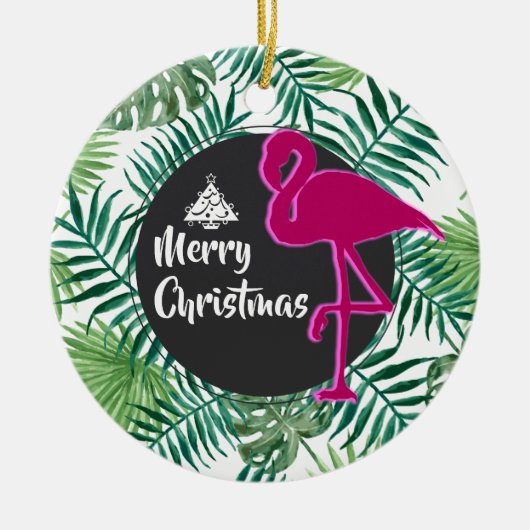 Tropische Blätter Muster und rosa Flamingo Xmas Keramikornament (Vorne)