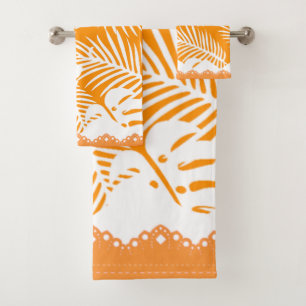 Tropische Blätter Orange mit weißer Extravaganter Badhandtuch Set