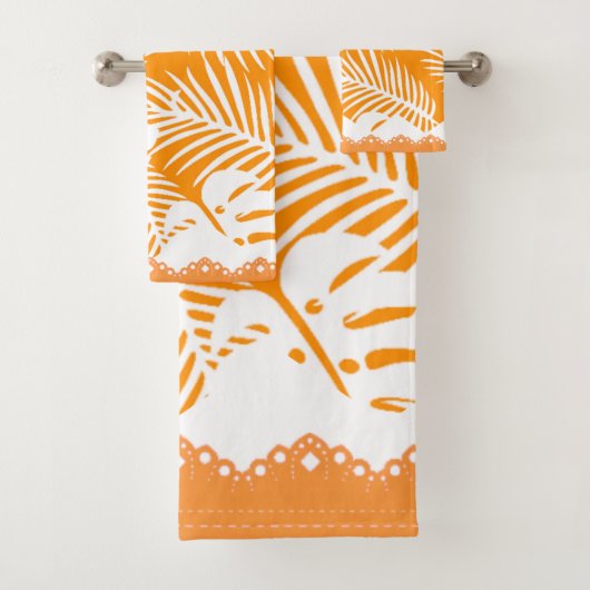 Tropische Blätter Orange mit weißer Extravaganter  Badhandtuch Set (Insitu)