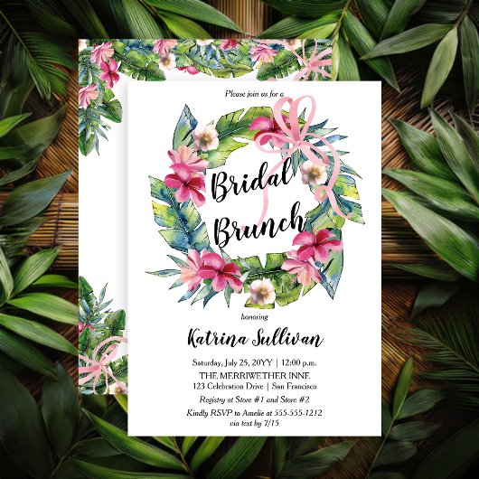 Tropische Blätter | Pink Bow Floral Bridal Brunch Einladung