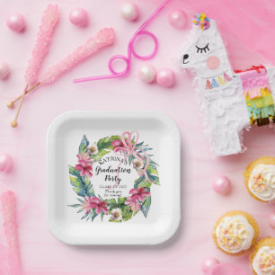 Tropische Blätter Pink Floral Graduation Party Pappteller