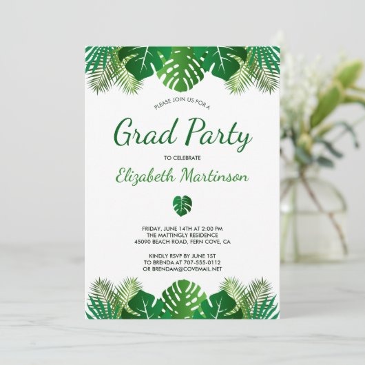 Tropische Blätter Rainforest Modern Graduation Par Einladung (Stehend Vorderseite)