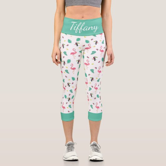 Tropische Blätter Rosa Flamingo bunter Toucan Capri Leggings (Vorderseite)