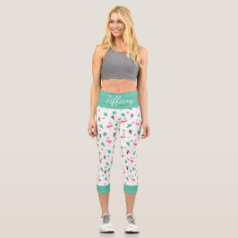 Tropische Blätter Rosa Flamingo bunter Toucan Capri Leggings