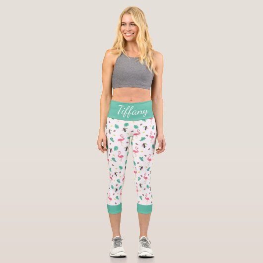 Tropische Blätter Rosa Flamingo bunter Toucan Capri Leggings (Vorderseite)