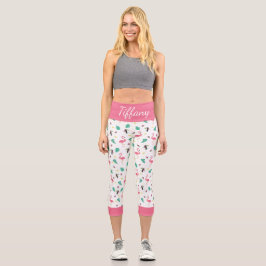 Tropische Blätter Rosa Flamingo bunter Toucan Capri Leggings