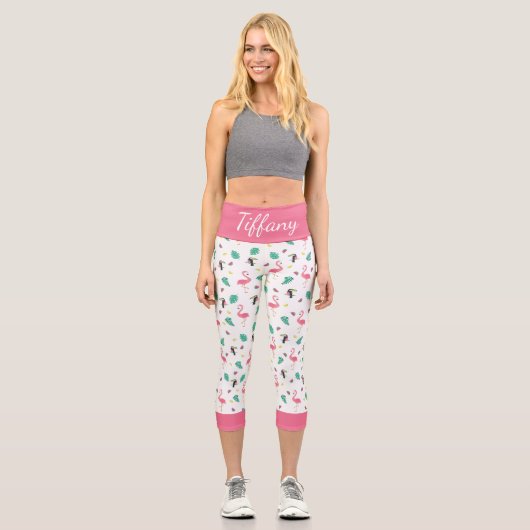 Tropische Blätter Rosa Flamingo bunter Toucan Capri Leggings (Vorderseite)