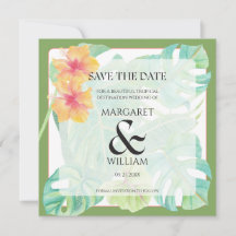 Tropische Blätter & rosa Flamingo Save-the-Date-Ka