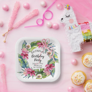 Tropische Blätter Rosa florale Geburtstagsparty Pappteller