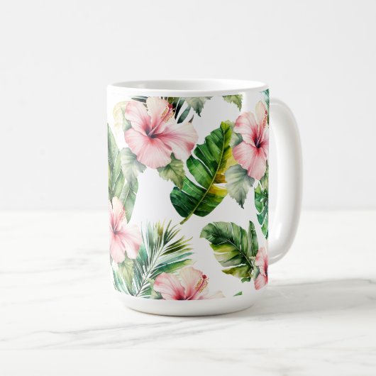 Tropische Blätter Rosa Hibiskus Blume Kaffeetasse (VorderseiteRechts)