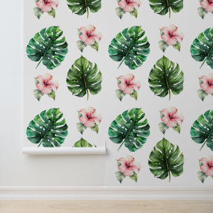 Tropische Blätter Rosa Hibiskus Blume Tapete