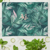 Tropische Blätter Rosa- und Grüne Monogram Teetuch Geschirrtuch (Gefaltet)